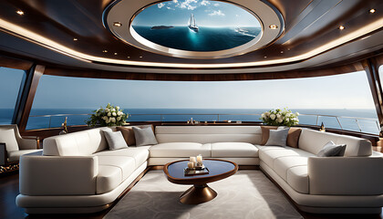 A luxurious yacht cabin features a white leather couch and armchair arranged around a coffee table, providing an elegant space with panoramic ocean views.  - obrazy, fototapety, plakaty