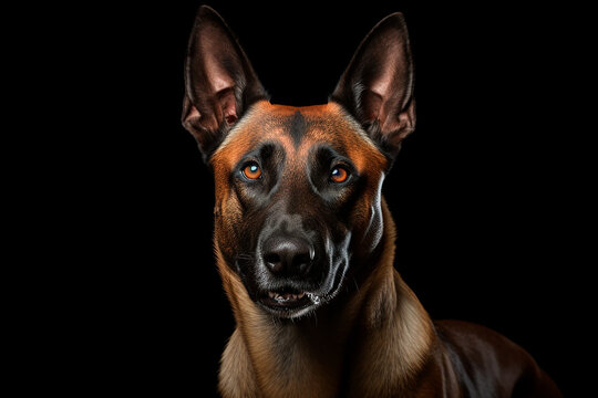 Belgian Shepherd dog close-up portrait with a black background.