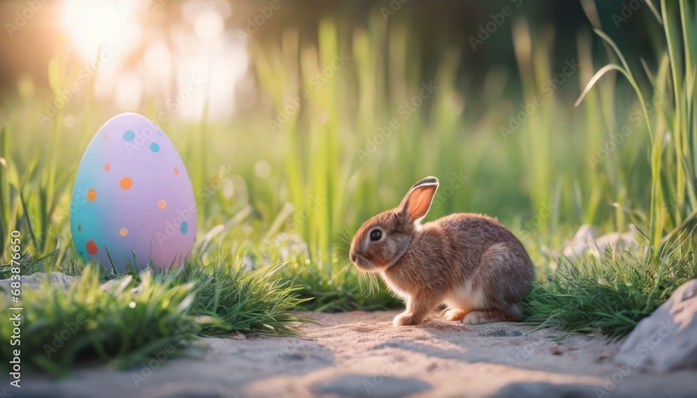 Poster a rabbit sitting in the grass next to an easter egg in a field of grass with the sun in the backgrou