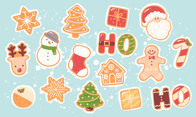 Christmas holiday gingerbread cookies stickers set. Traditional winter baked Xmas snack delicious food. Christmas celebration, New Year ginger biscuit dessert decoration vector background illustration