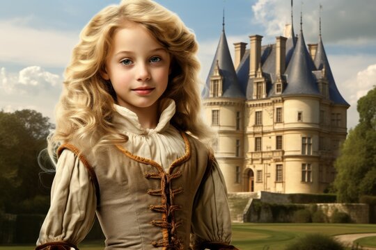 French child person french castle. Old travel. Generate Ai