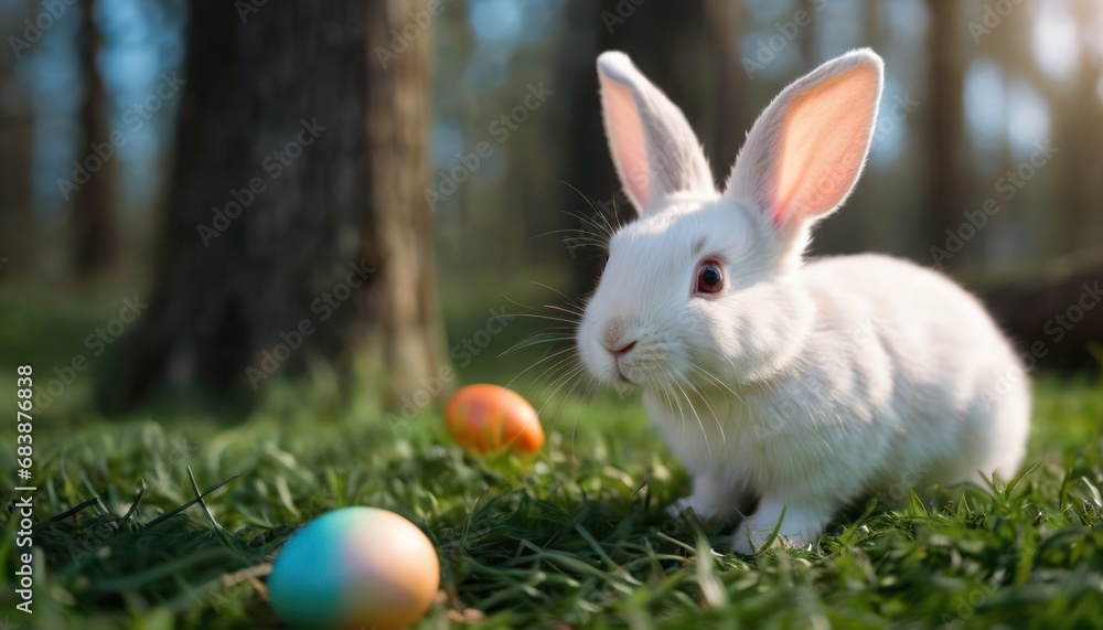 Poster a white rabbit sitting on top of a lush green field next to three colored eggs in front of a tree.