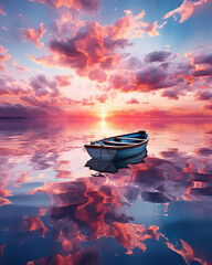 dryfująca łódka przy zachodzie słońca na kolorowych chmurach