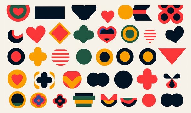 Set of abstract retro geometric shapes . Collection of contemporary figure, heart, circle, stars in 70s groovy style. Bauhaus Memphis design element perfect for banner, prints, stickers, Generative AI