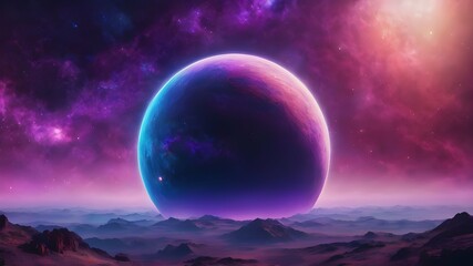 Fictional planet in galaxy with purple and blue colors surrounded by crowded clouds representing a fantasy world. AI Generated