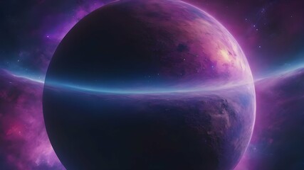 Fictional planet in galaxy with purple and blue colors surrounded by crowded clouds representing a...