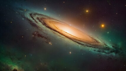 Fototapeta premium Bright fictional large galaxy in the space designed with green and golden colors with stars, planets and clouds. AI Generated