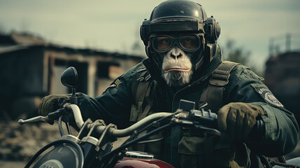 przysłość jak człowieko małpa jedzie na motorze - obrazy, fototapety, plakaty