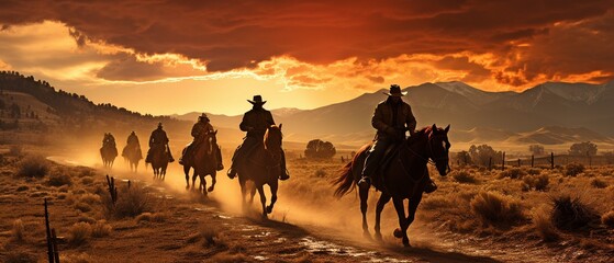Cowboys in silhouettes. - obrazy, fototapety, plakaty