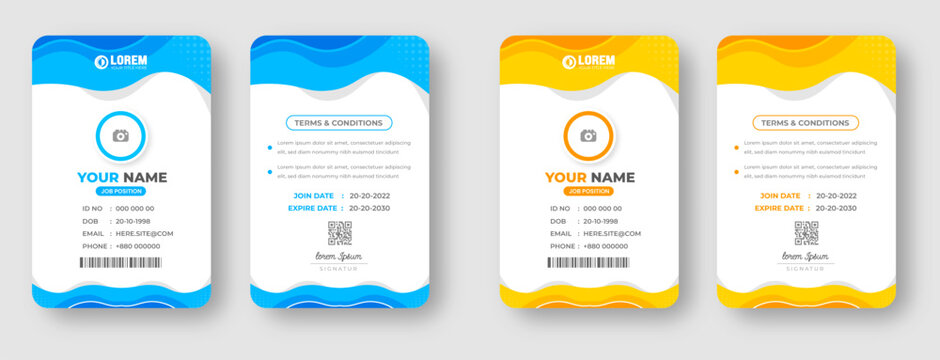 corporate Modern creative minimal simple business office id card design set with blue and yellow color. Corporate company personal security badge Office employee identity card template.