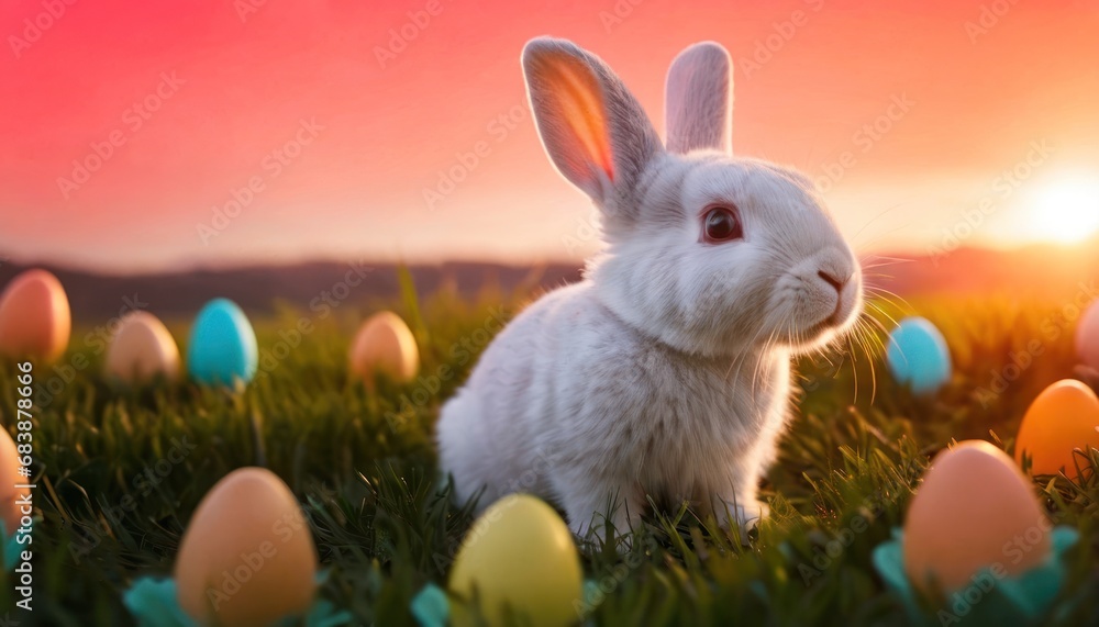 Poster a white rabbit sitting in a field of eggs with the sun setting in the background and a pink sky in t