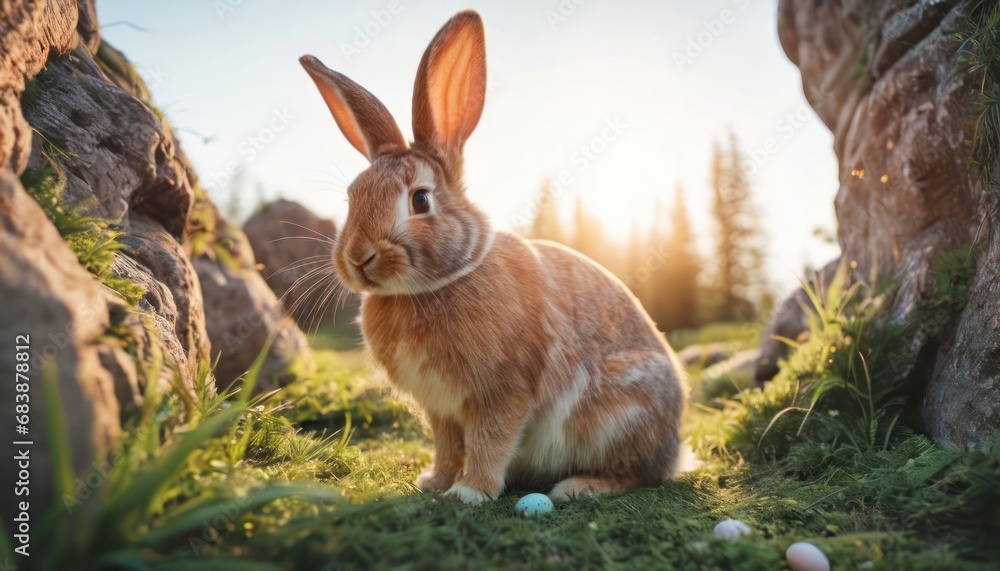 Poster a rabbit sitting in the grass in front of some rocks and grass with eggs in the foreground and a for