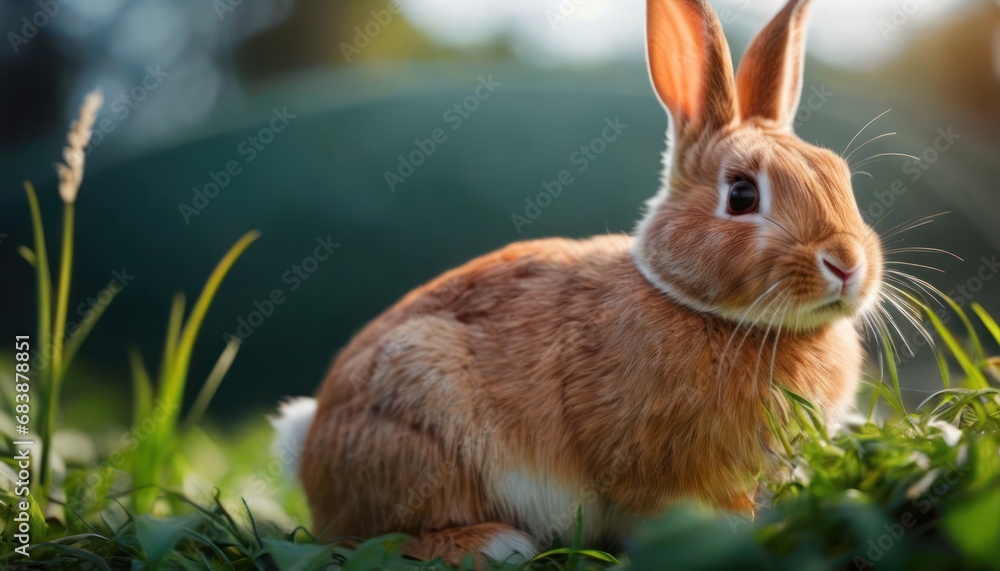 Poster a close up of a rabbit in a field of grass with a blurry background of trees and bushes in the backg