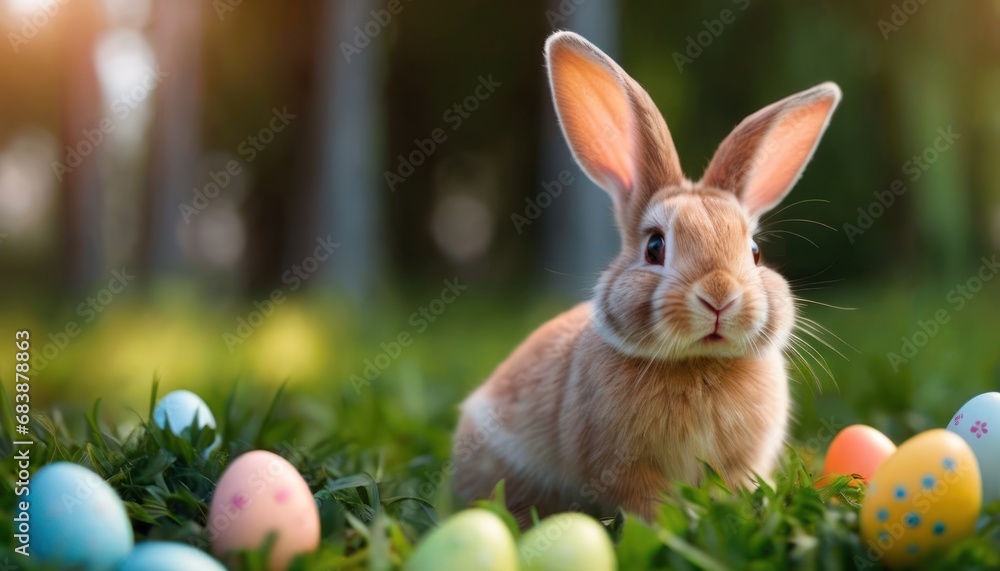 Poster a rabbit sitting in a field of grass with eggs in it's mouth and a forest in the background.