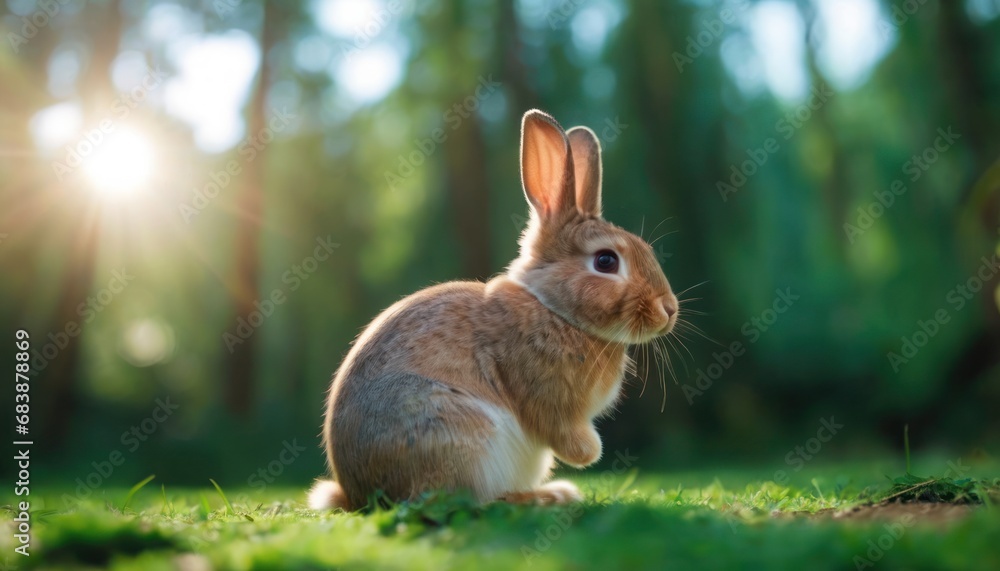 Poster a rabbit is sitting in the grass with the sun shining through the trees in the back ground and behin