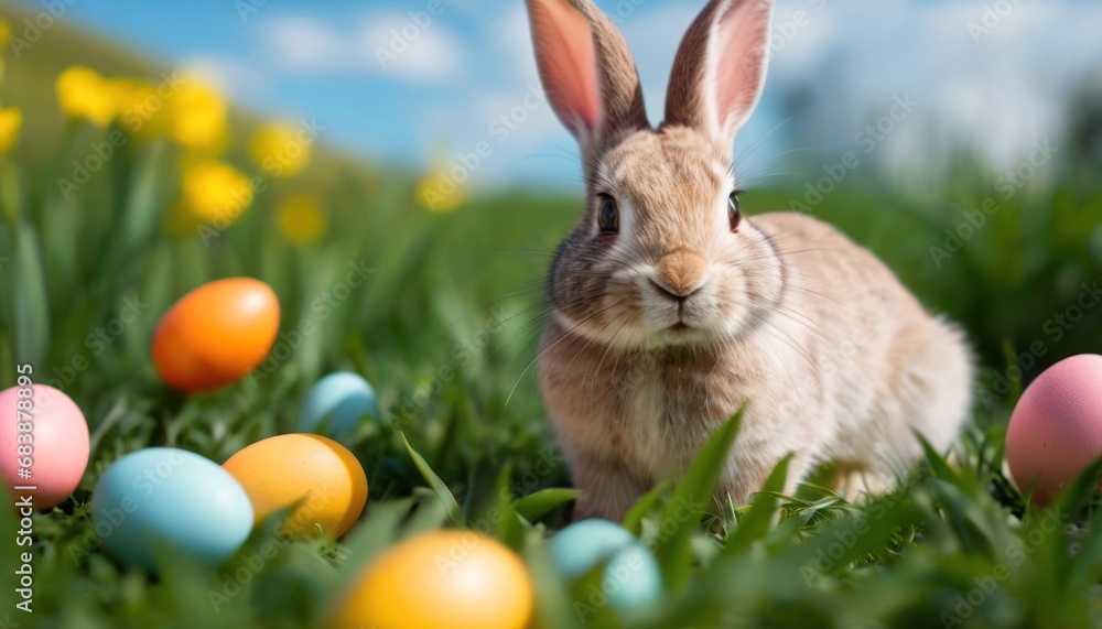 Poster a rabbit sitting in a field of grass with easter eggs in the foreground and daffodils in the backgro