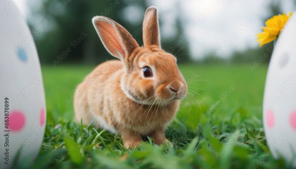 Poster a close up of a small rabbit near three eggs on a grass field with a flower in the foreground.