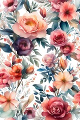 A stunning bouquet of watercolor-inspired flowers, with vibrant hues and delicate petals, creating a luxurious botanical background for wallpaper design.