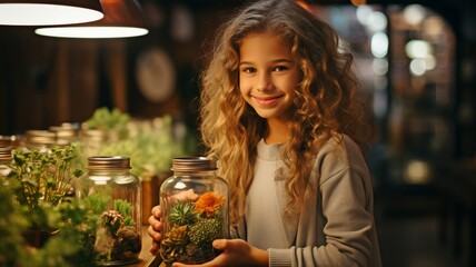 A little girl  is in front of a flower shop, displaying a container full of plants. Give attention to the flora. .