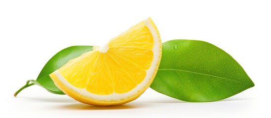 The green, thin slice of lemon, isolated in a white background, gently rests on a leaf, embellishing the white-orange fruit with its zestful aroma, while a set of organic, red and yellow leaves adds a - obrazy, fototapety, plakaty