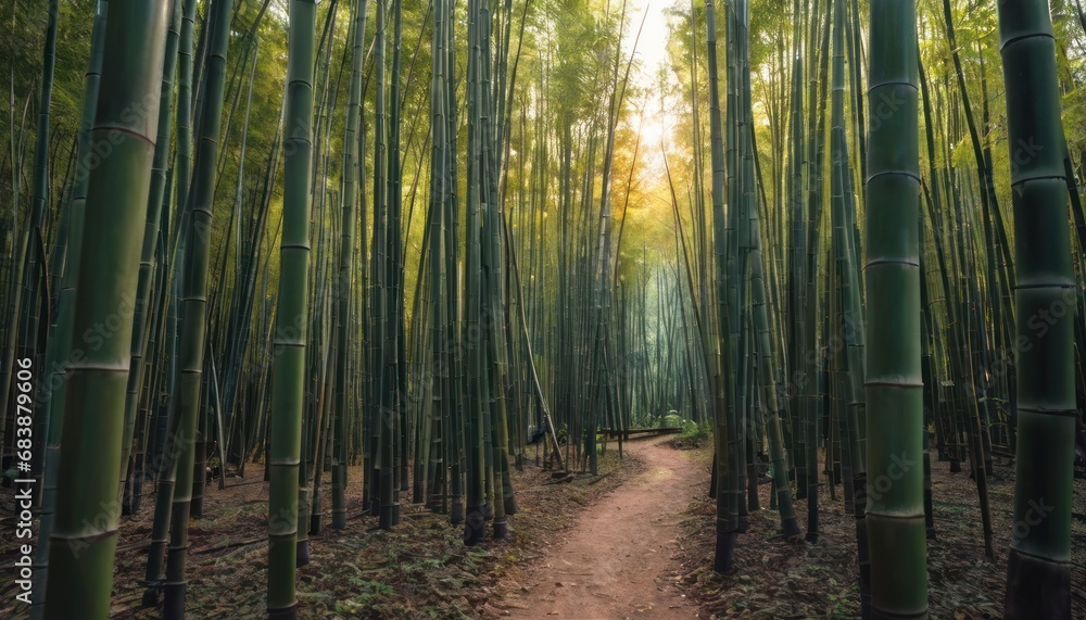 Poster a path in the middle of a forest with tall bamboo trees on either side of it and a path in the middl