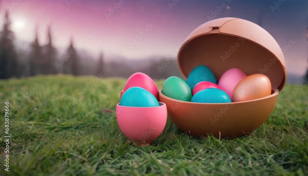Poster a group of eggs sitting in a bowl on top of a green grass covered field with trees in the background
