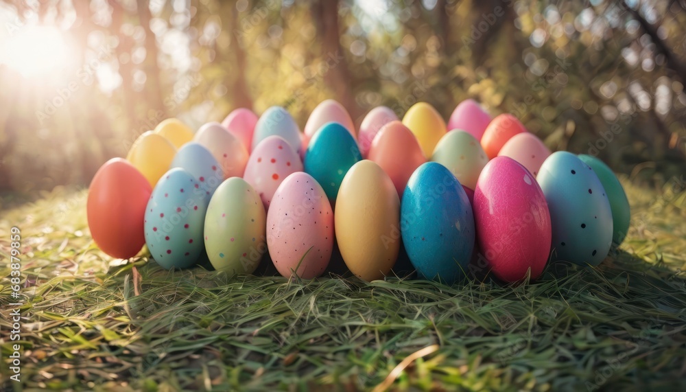 Poster a row of colored eggs sitting on top of a grass covered field with trees in the background and sunli