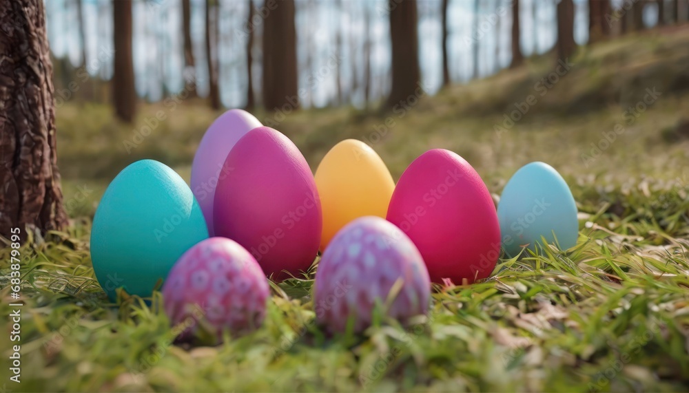 Poster a group of colorful eggs sitting on top of a grass covered field next to a tree in a forest with a b