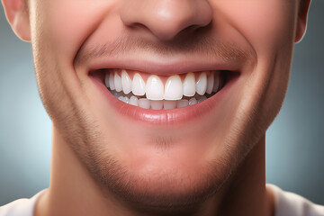 Fototapeta premium Young man with perfect healthy white teeth smile. Health, teeth whitening, dental care, dentistry, stomatology concept