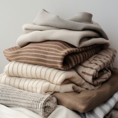 a pile of striped sweaters on a white background