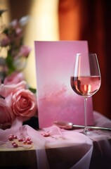 a pink wine glass sits on paper on the table