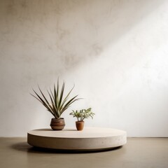 a plant sits on top of a concrete table against a white wall,