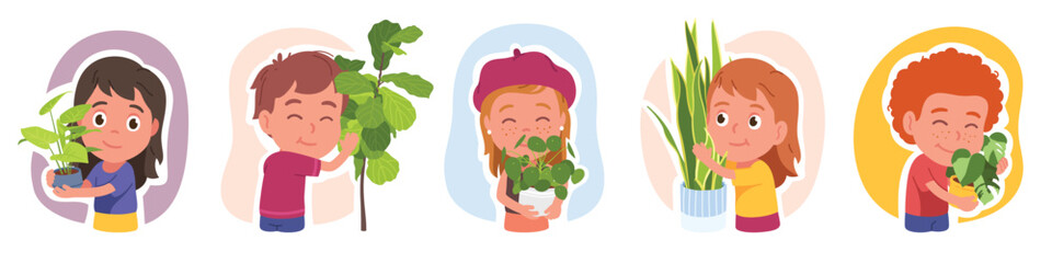 Girls, boys kids growing houseplants set. Happy children persons holding caring about domestic potted plants. Beautiful floral home decoration, gardening, botany flat vector illustration collection