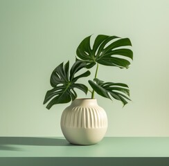 a pot with a monstera plant on top