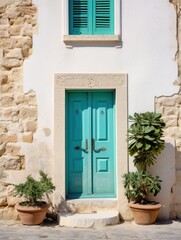 Fototapeta na wymiar a small green building with a blue door overlooking the street,