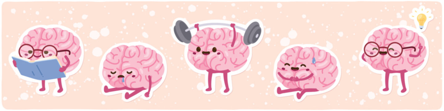 Animated brain cartoon character reading, training. Smart healthy human brain studying, getting tired, lifting weight, resting, having idea. Intellect, education concept flat vector illustration set