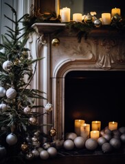 a tree sitting near the fireplace