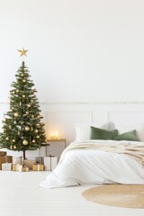 a white bedroom with a christmas tree and decorations are arranged in a rustic way