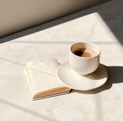 a white cup of coffee sitting next to a book