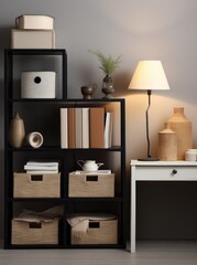 a white shelf with a desk, and white boxes, baskets, and a lamp