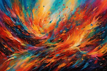 An abstract explosion of colors bursts forth, as if a vibrant palette has ignited in a symphony of energetic hues.  - obrazy, fototapety, plakaty