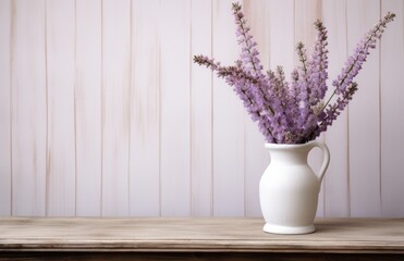 a white vase with lilas are sitting on top of a dresser table