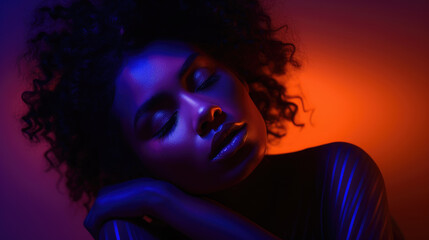 Portrait of a beautiful african american woman in neon lights