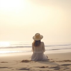 a woman in white in an ocean view hat sits on the beach