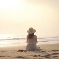 Fototapeta na wymiar a woman in white in an ocean view hat sits on the beach