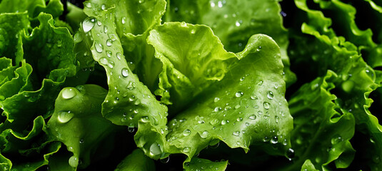 Fresh green salad leaves, with water drops over it, closeup macro detail. Generative AI - Powered by Adobe