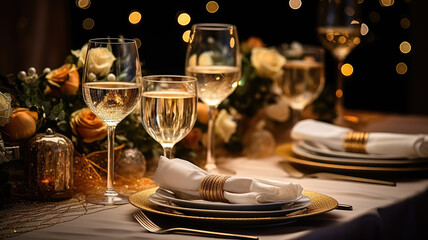 Champagne glasses on a christmas table setting