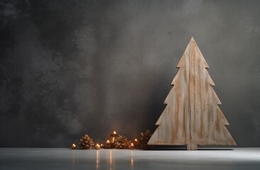 a wooden christmas tree in front of a cement backdrop