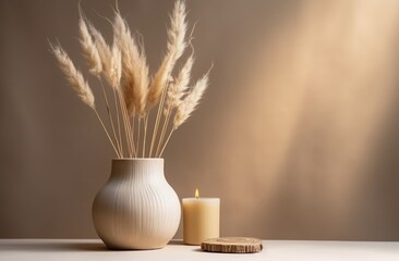 a wooden vase with dried grass and a candle in it