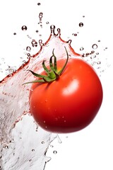 tomato dropping into the water, creating a mesmerizing spray, against a white backdrop. generative AI